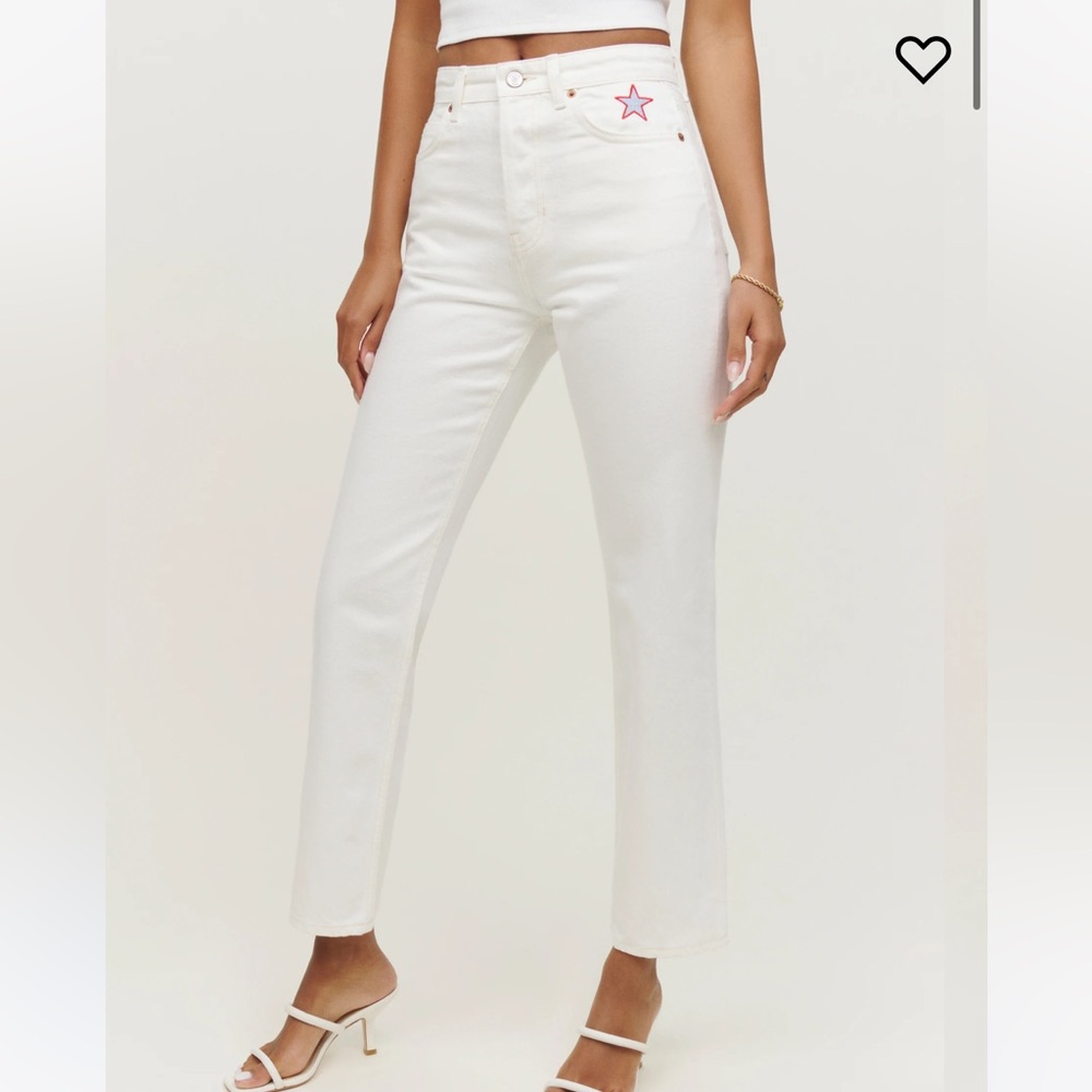 Reformation High-Rise Straight Jeans in Cream with Pink Star Detail